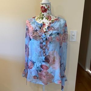Baby Blue Sheer Floral Blouse Sz L